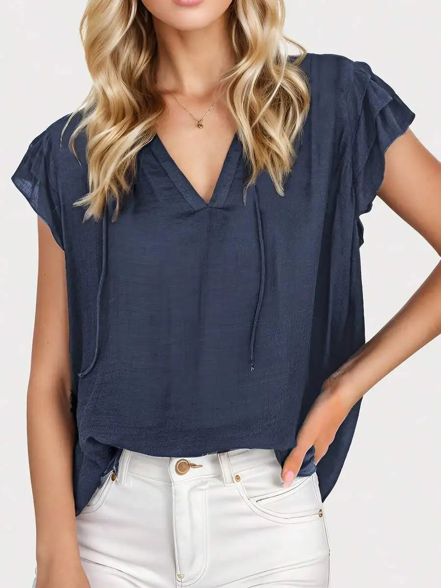 Womens V-Neck Ruffled Sleeve Short Sleeve Casual Blouse