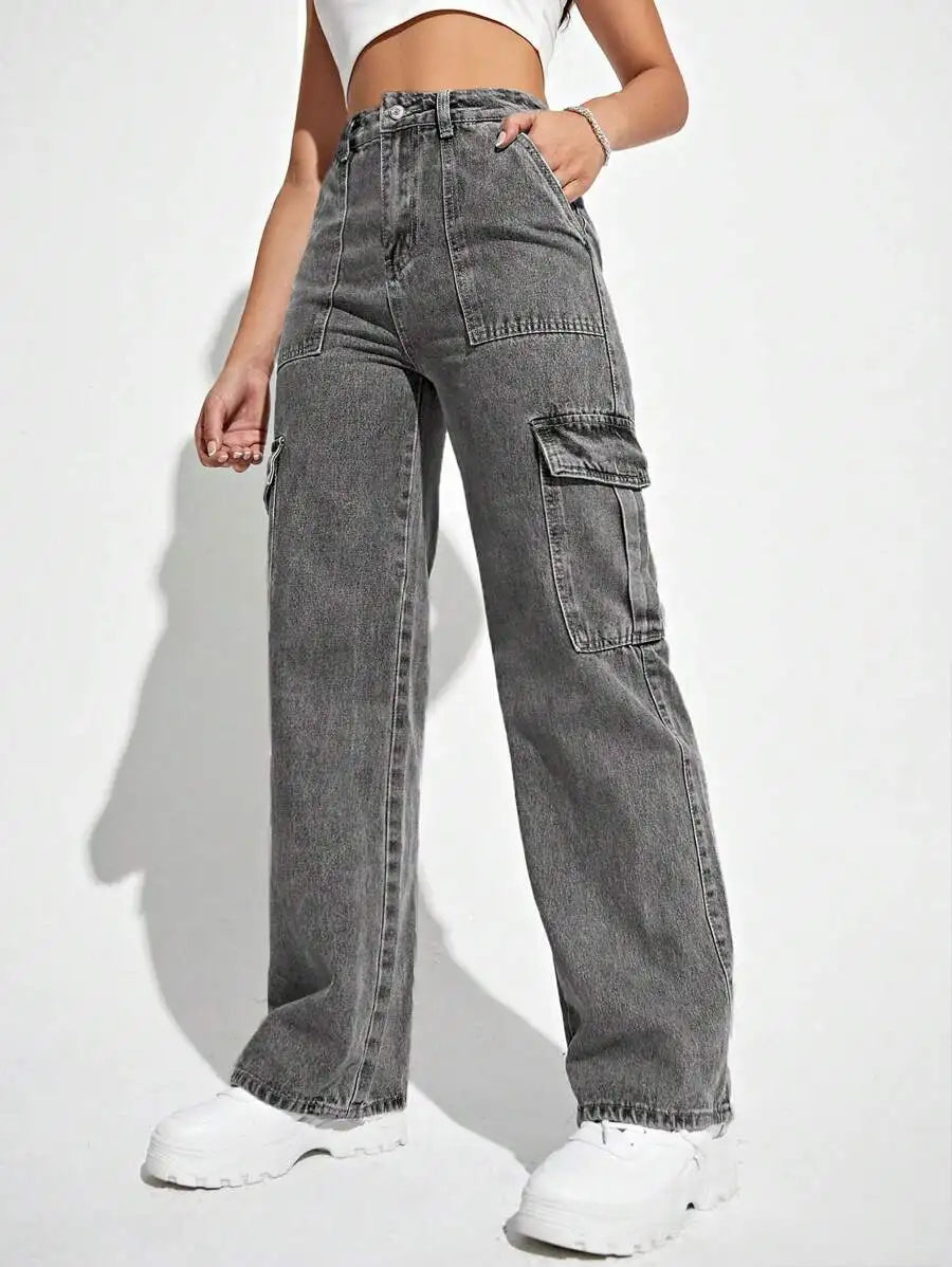 High Waist Flap Pocket Cargo Jeans Y2k Style Wide Leg Denim Pants