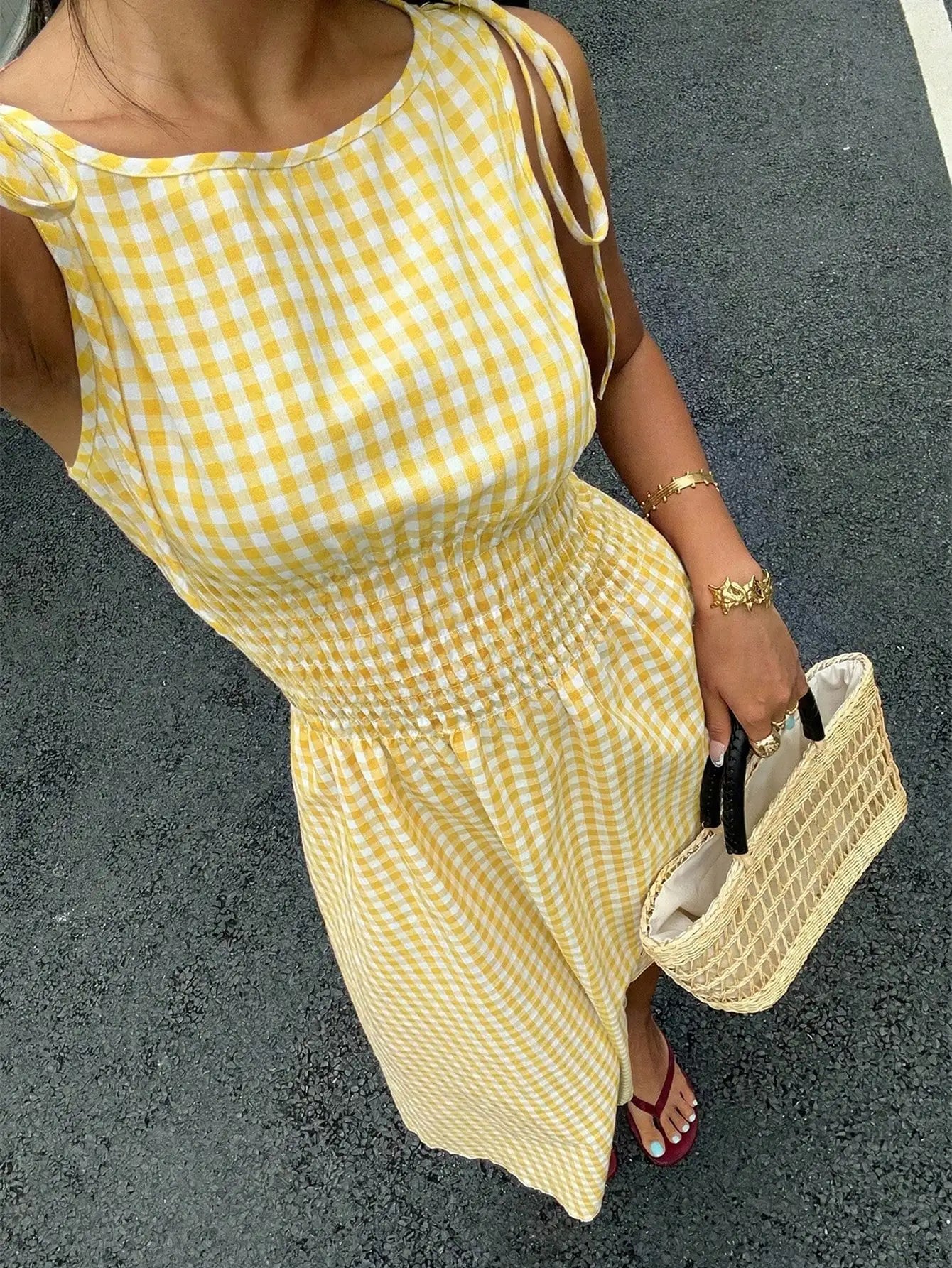 Blue Striped Midi Dress With Smocked Waist, Tie-Shoulder Detail, And Flowy Fit For Casual, Beach, Or Party Occasions