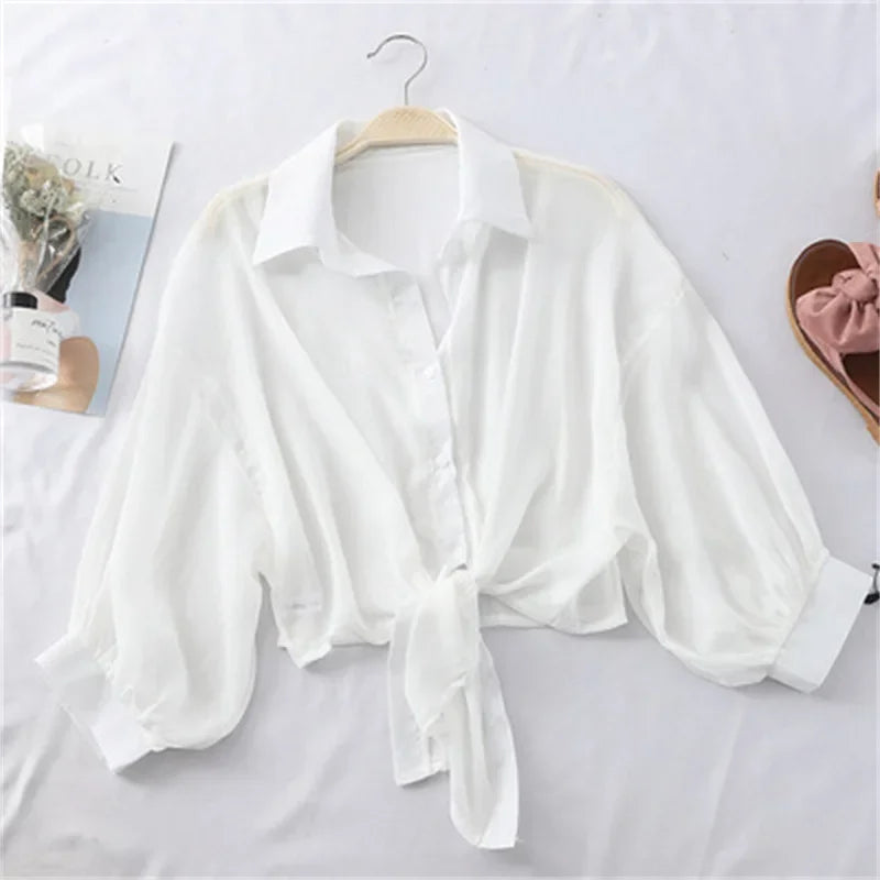 Chiffon Shirts Women 2022 Summer Half Sleeve Buttoned Up Shirt Loose Casual Blouse Tie Waist Elegant Blouses for Women