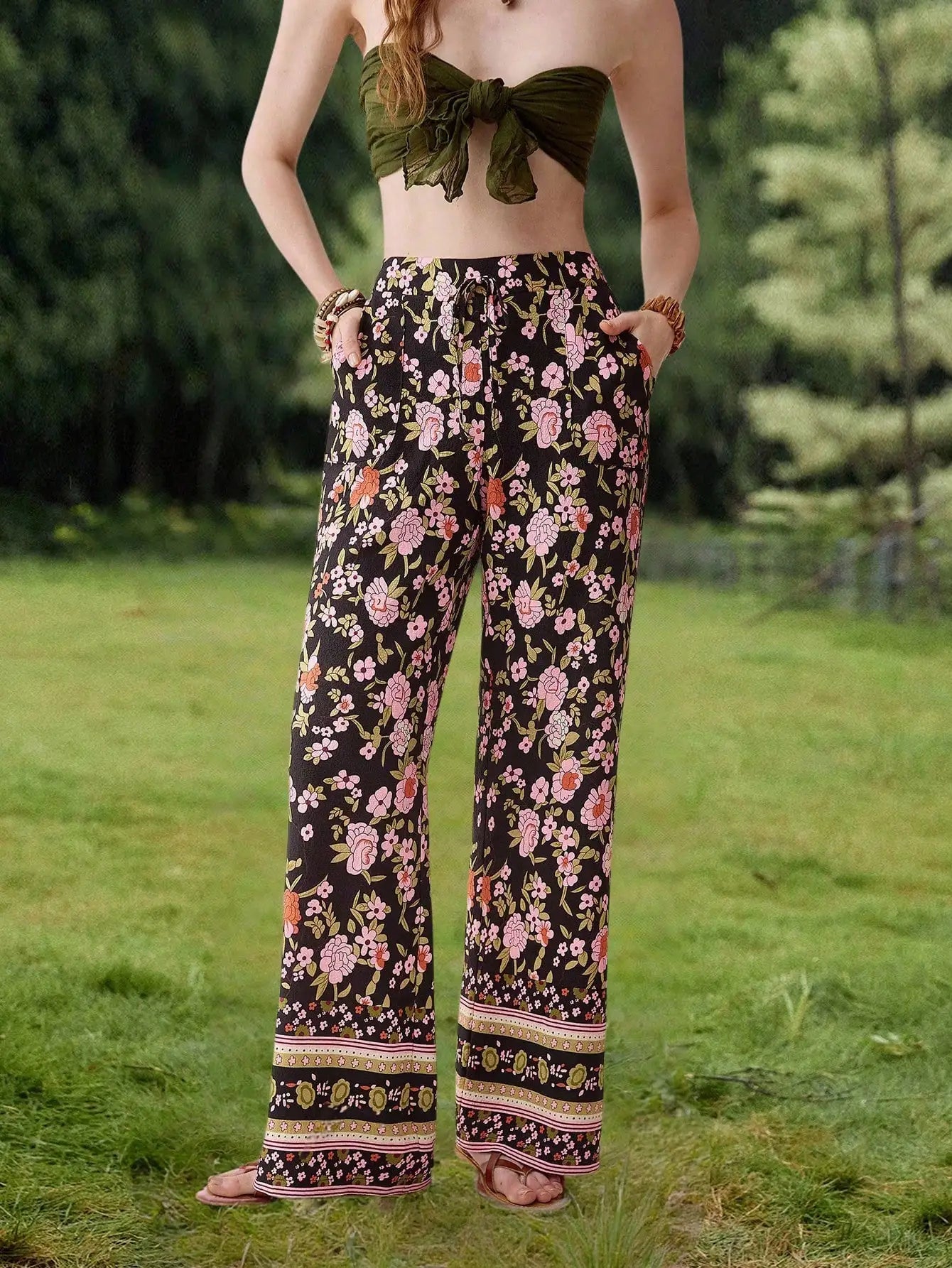 Casual Solid Drawstring Waist Wide Leg Pants For Women