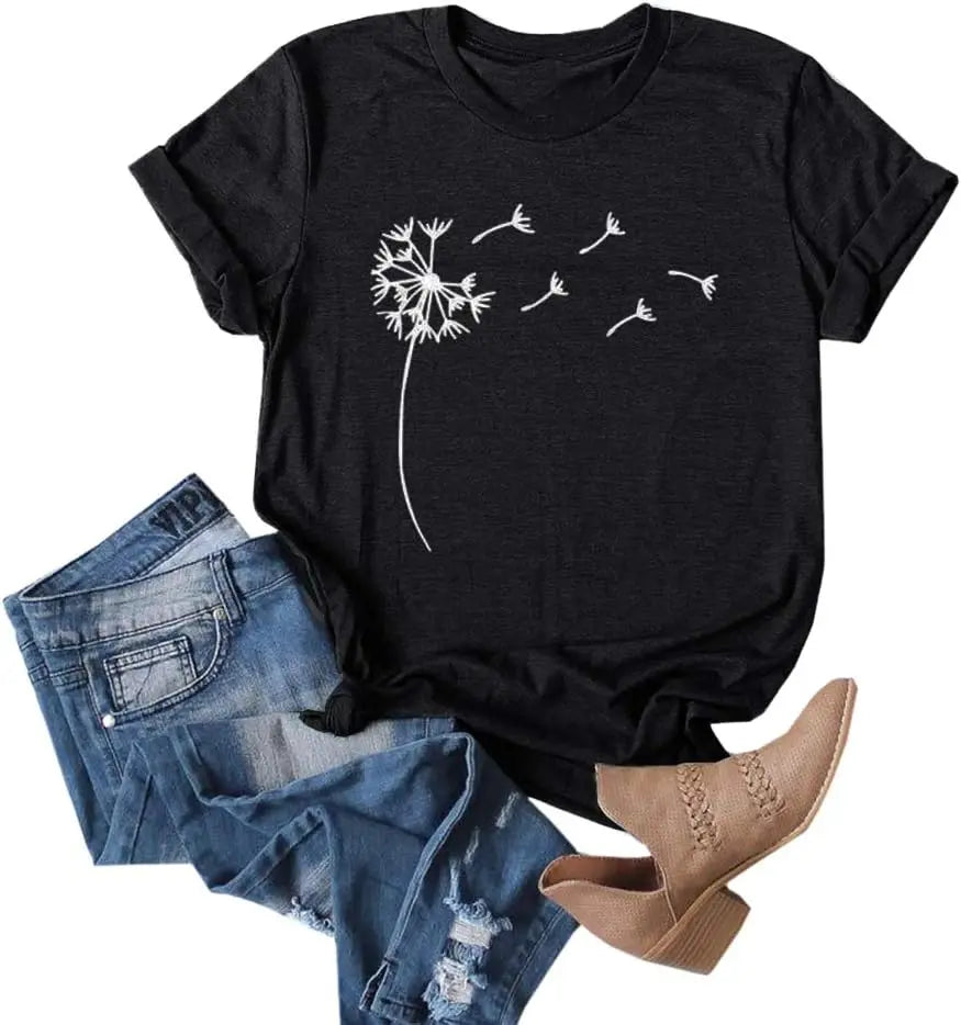 Women's Dandelion Print T Shirts Cute Graphic Tees Short Sleeve Summer Cotton Tee Tops