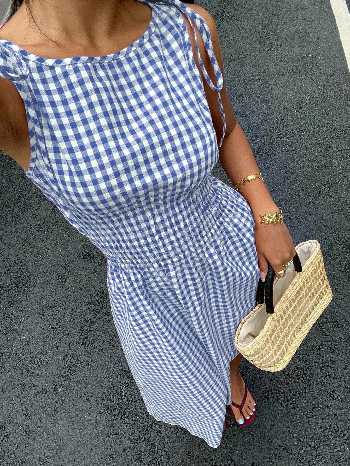 Blue Striped Midi Dress With Smocked Waist, Tie-Shoulder Detail, And Flowy Fit For Casual, Beach, Or Party Occasions