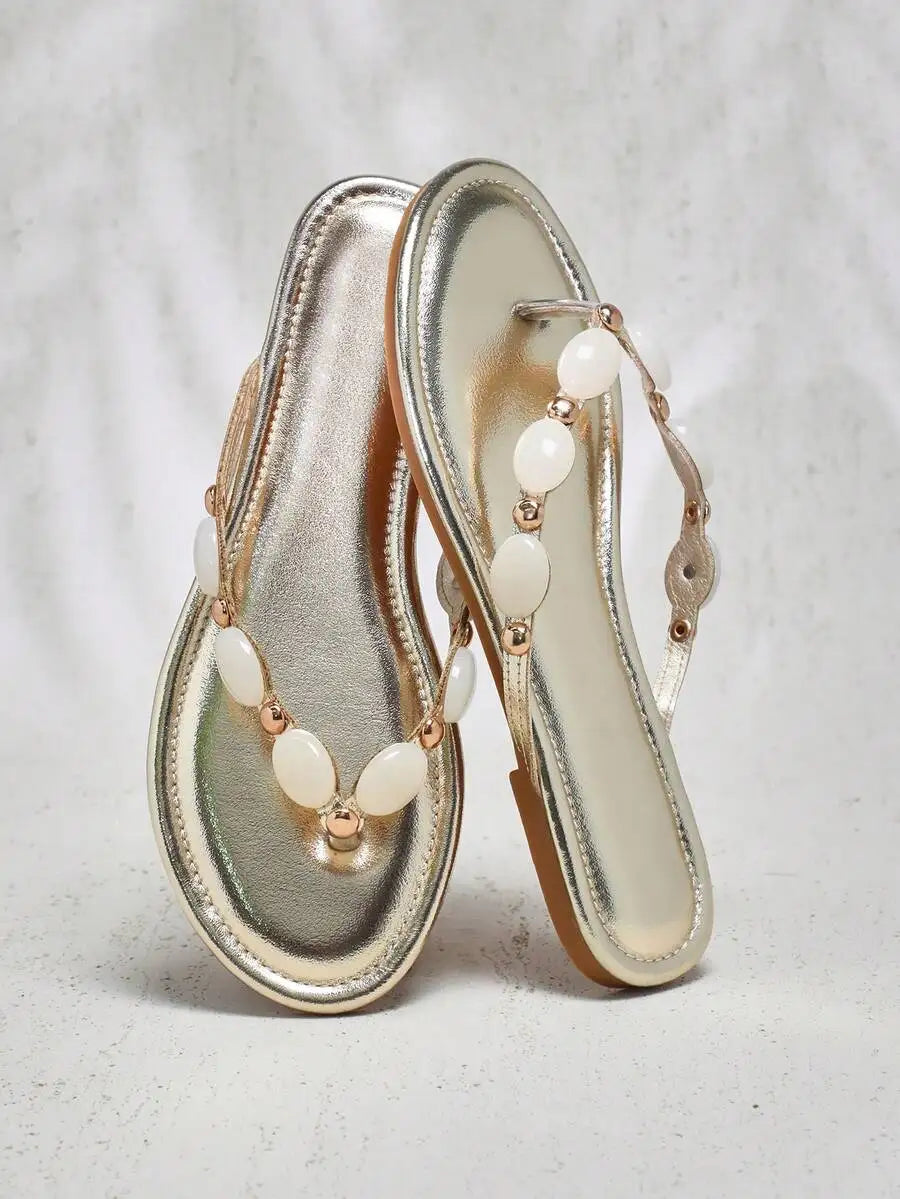 Women's Gemstone Decor Thong Flat Sandals, Punk Chic Edgy Design, Fashion Comfy Summer Casual Shoes