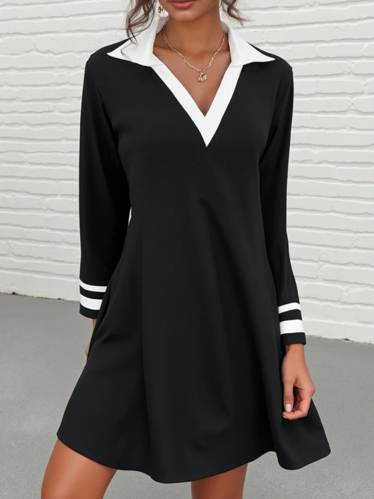 Contrast Collar Mini Dress V Neck Striped Cuff Long Sleeve Flared Swing Outfit For Women Daily School Casual Preppy Stylish Garment