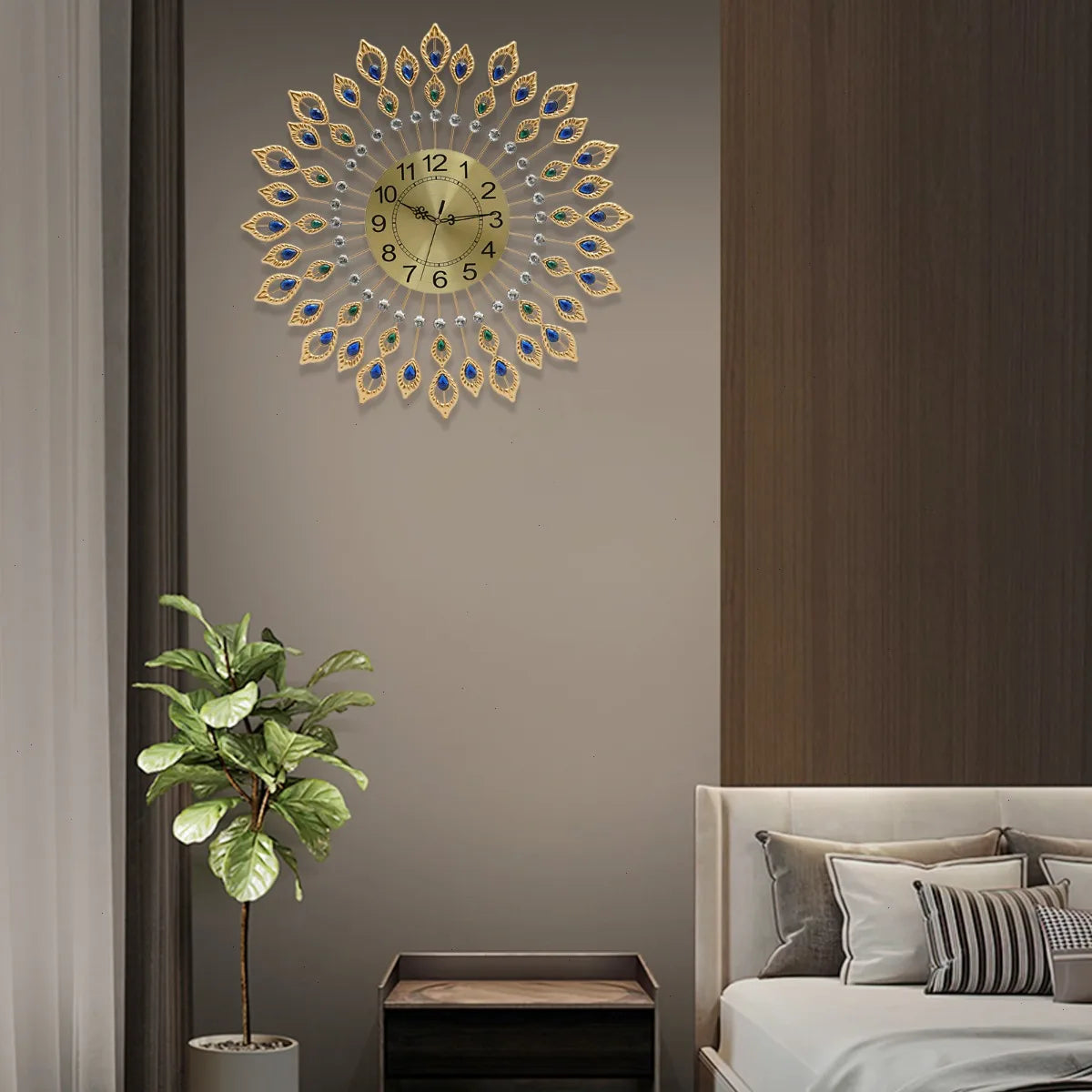 Wall Clock, Peacock Feather Design, 67x67cm  Large, Silent Quartz Movement, Iron Metal Frame, Acrylic, for Living Room, Bedroom, Office, Home Decoration, No Ticking