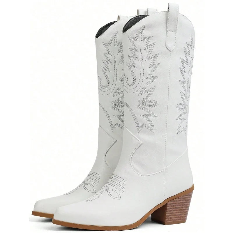 Women's Fashion Western Boots Chunky Heel Embroidered Knee High Pointed Toe Pull On Outdoor Casual Western Cowgirl Cowboy Boots Country Concert Combat Boots For Women