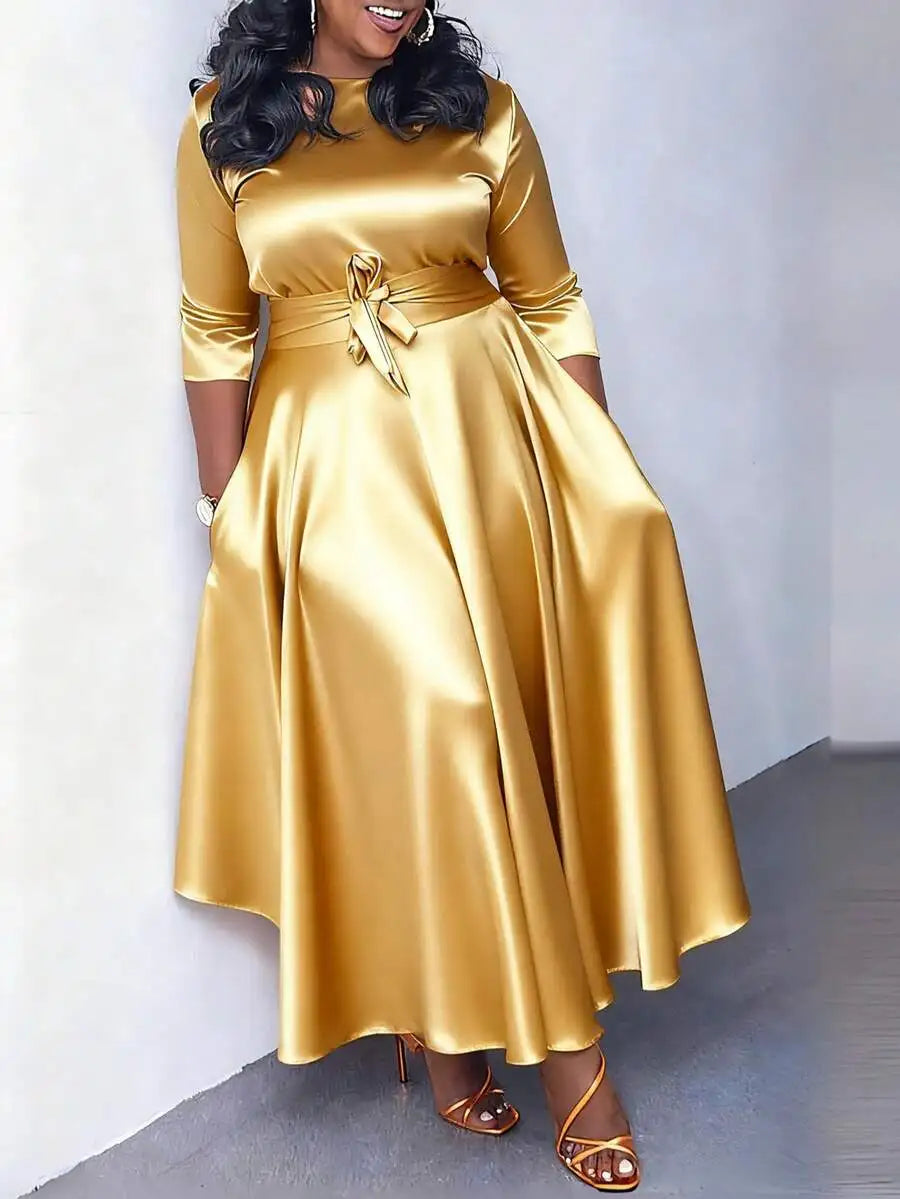 Elegant Women Satin Fit And Flare Long Sleeve Boat Neck Cocktail Dress With Pockets