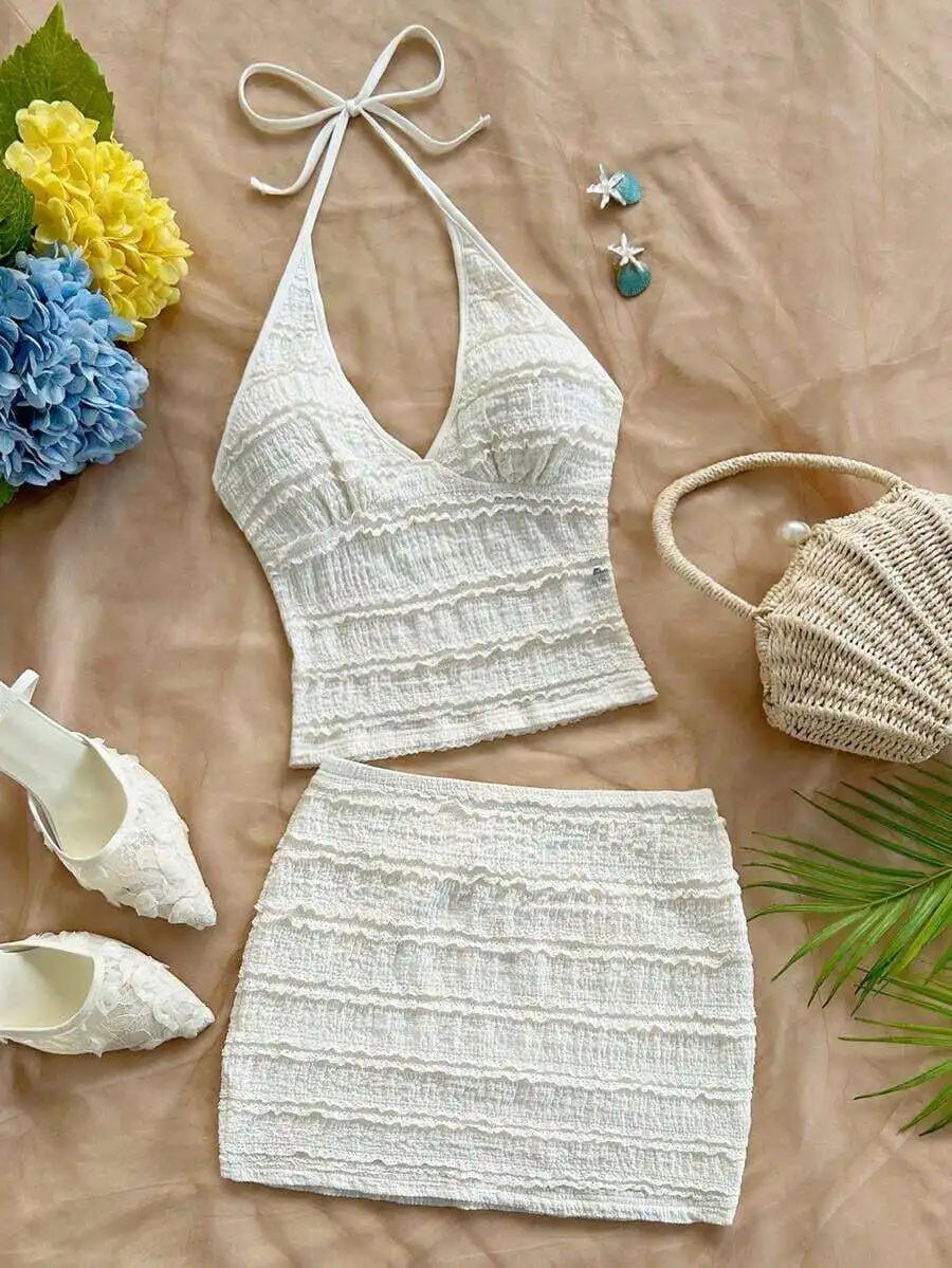Womens 2-Piece Vacation Set: Halter Neck Floral Top & Matching Skirt, Beach Summer Outfit