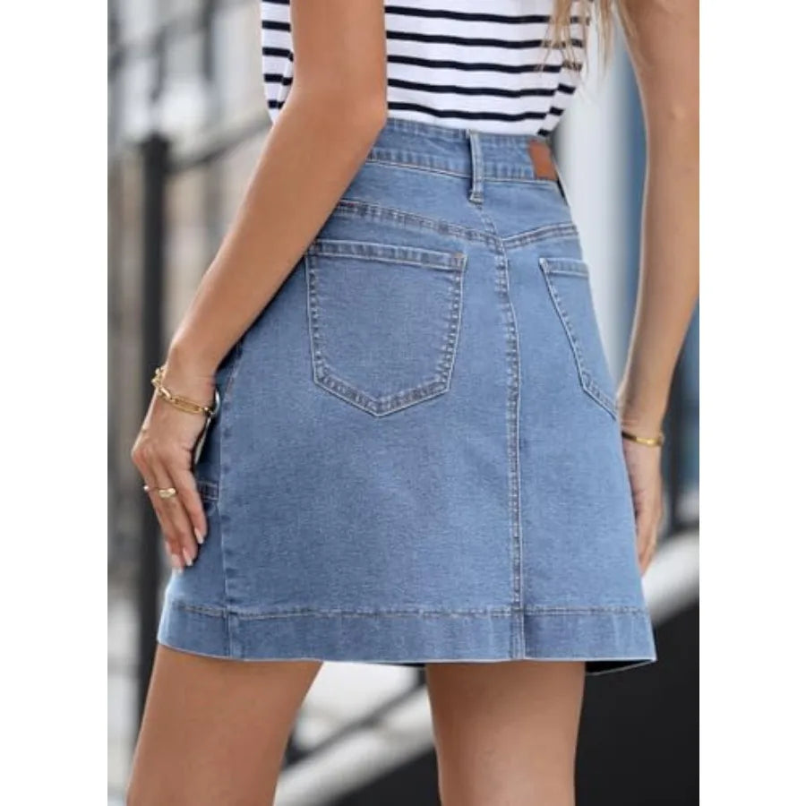 Sidefeel Women's Jean Skirt High Waisted Stretch Casual Summer Zimbaplatinum Denim Skirt with Pockets