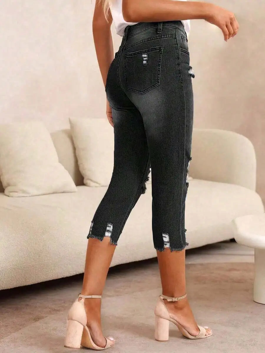 Slim Fit Ripped Womens Denim Capri Pants Casual Mid Calf Jeans