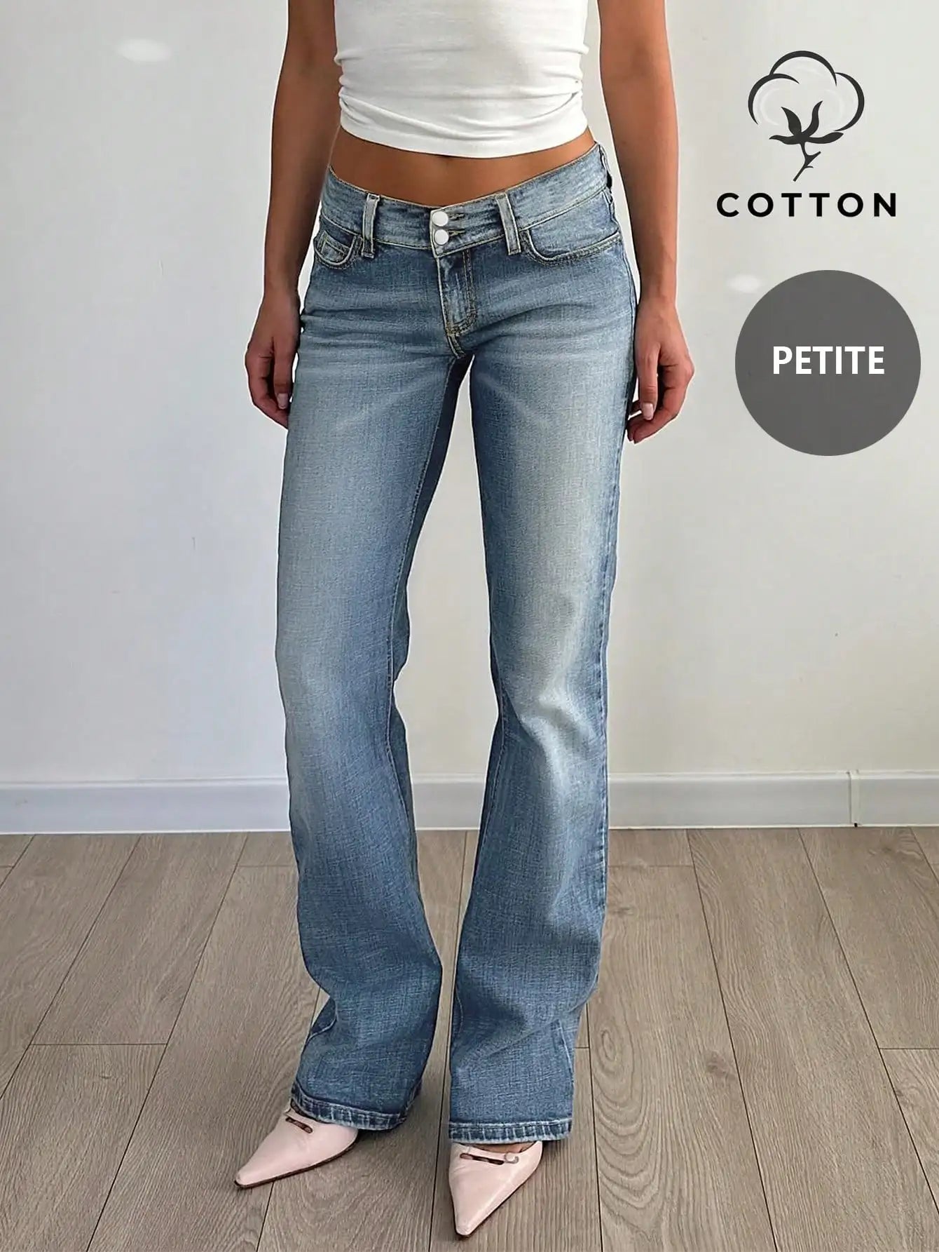 Light Washed Flared Low-Rise Jeans with Button Fly and Pockets