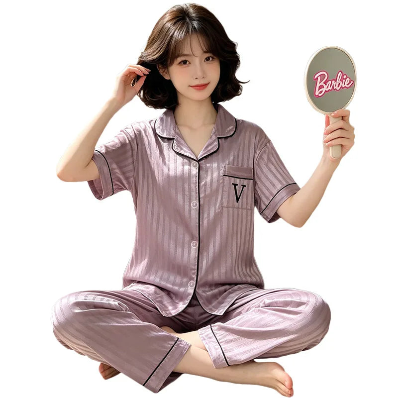 Luxury Letter Print V Neck Ice Silk Pajama Set | Striped Short Sleeve Long Pants Women Summer Nightwear