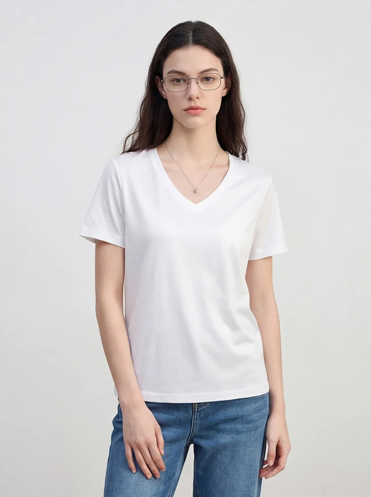 Summer 6% Mulberry Silk Cotton T-shirts Women Loose Round Neck Short Sleeve Luxury Tee Solid Color Basic Tops