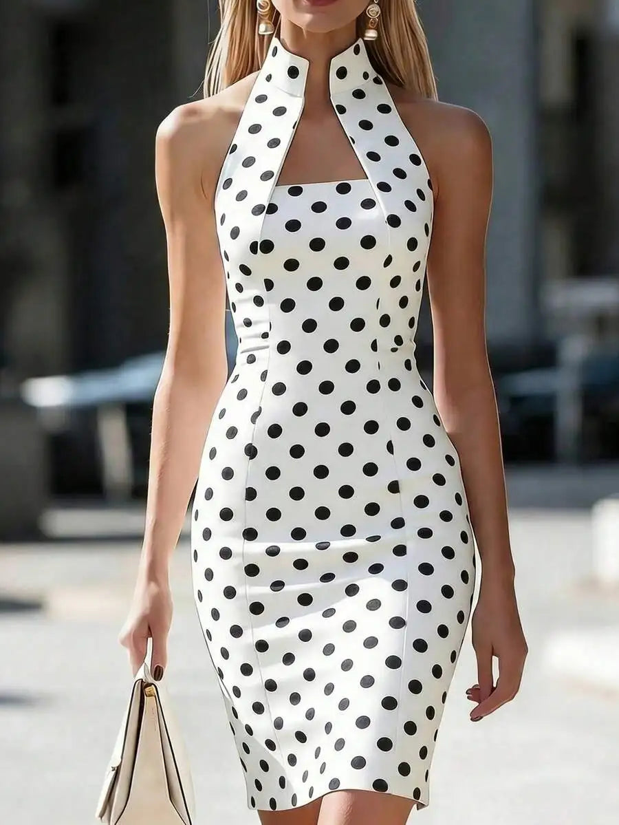 Womens Polka Dot Halter Neck Sheath Dress For Summer Parties