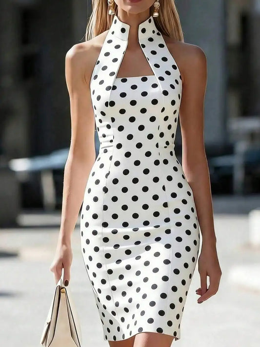 Womens Polka Dot Halter Neck Sheath Dress For Summer Parties