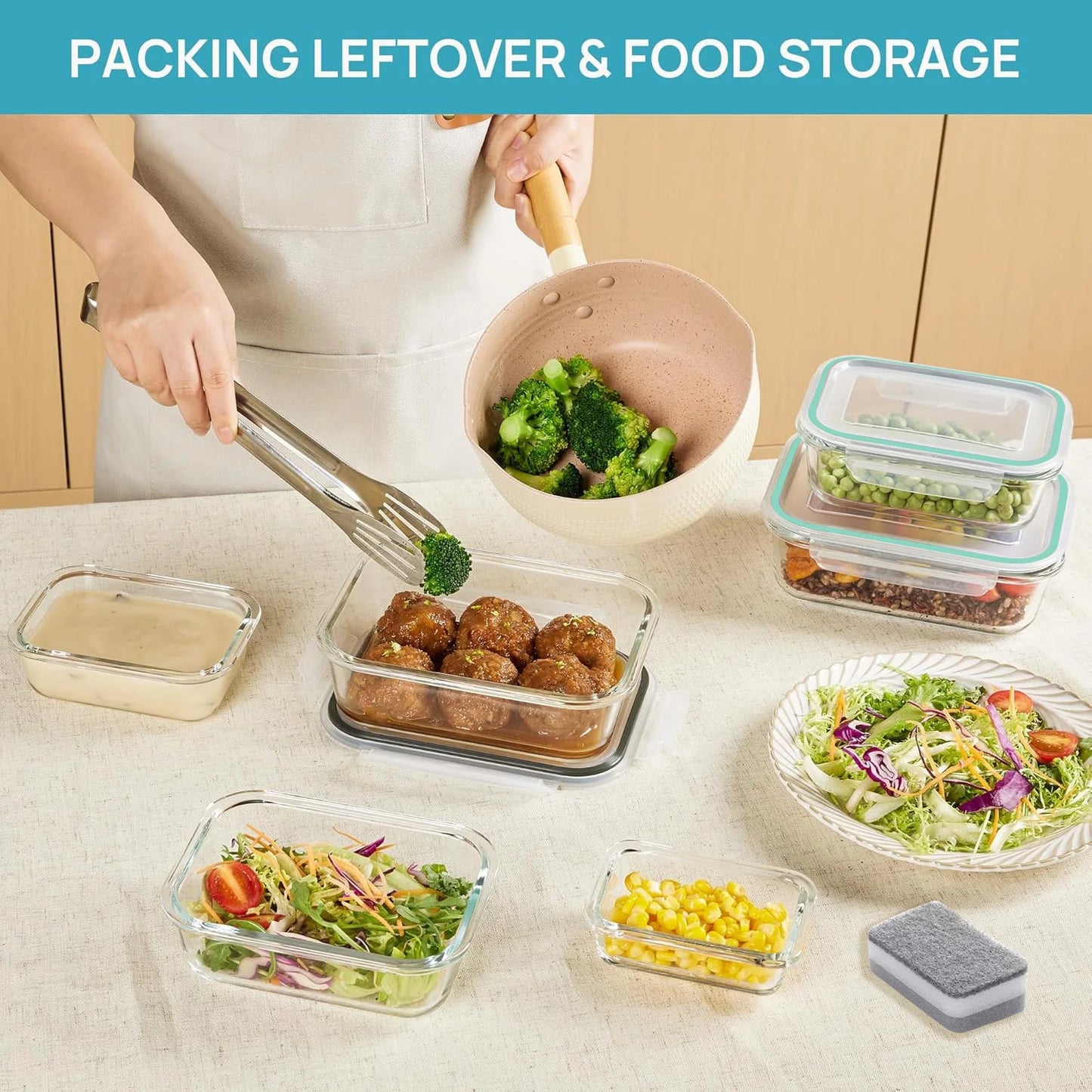 Glass Food Storage Containers 4-Pack with Lids, Airtight Leakproof for Lunch, Meal Prep, Dishwasher Safe, Green (12.5 to 42 Oz)