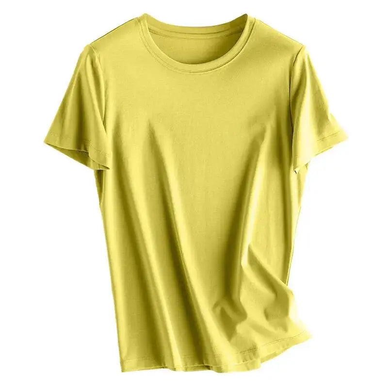 Summer 6% Mulberry Silk Cotton T-shirts Women Loose Round Neck Short Sleeve Luxury Tee Solid Color Basic Tops