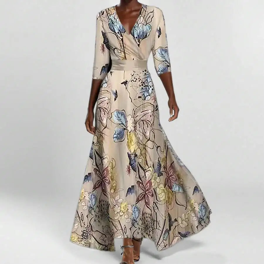 Elegant V-Neck Floral Print Waist-Cinching Floor-Length Dress For Women