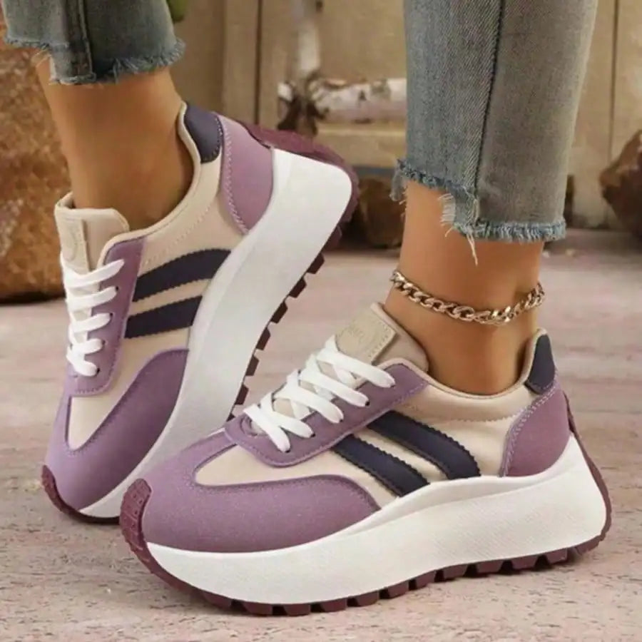 Women 3 Stripes Retro Platform Sneakers Lightweight Walking Shoes, Suede Patchwork Low Top Lace Up Athletic Trainers, Non Slip Cushioned Casual Footwear for  All Season Wear