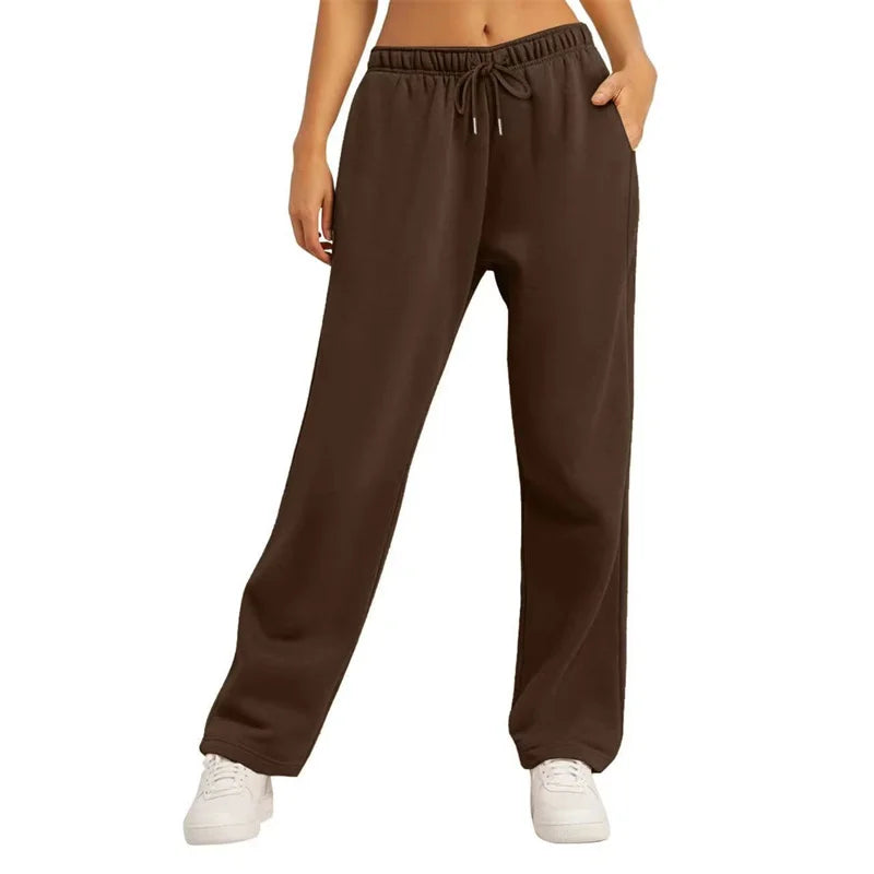 Wide Leg Sweatpants Loose Daily Casual Solid Drawstring High Waist Autumn Winter Women Comfort Trousers