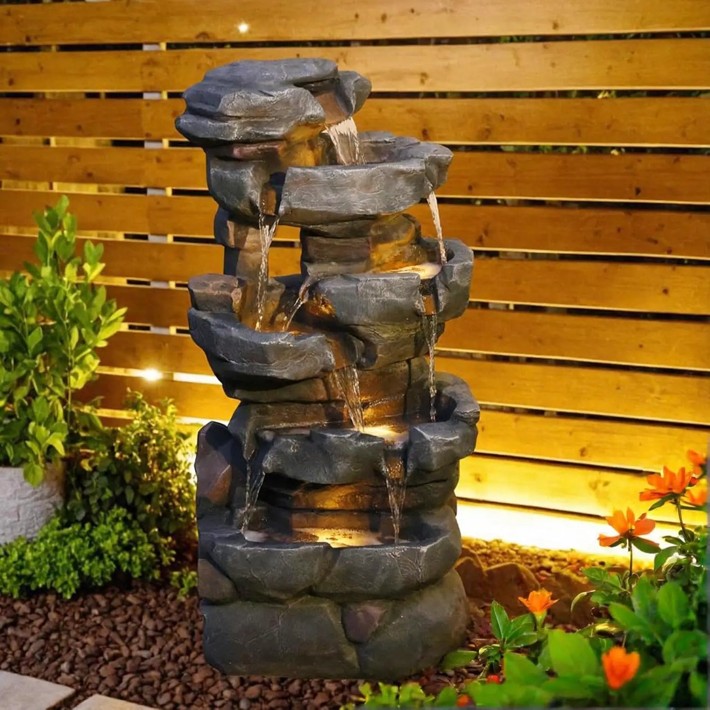 40in 5-Tier Tree Trunk Outdoor Water Fountain LED Garden Patio Backyard Decor, Customized
