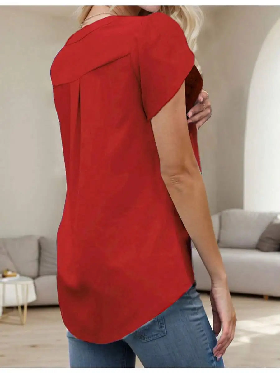 Women V Neck Short Sleeve Chiffon Blouse Casual Flowing Tunic Top