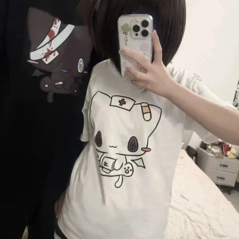 Women Men T Shirts Cartoon Printed Funny Couple Sweet Short Sleeve O Neck Loose Y2k Harajuku Tops Female Casual Tshirt