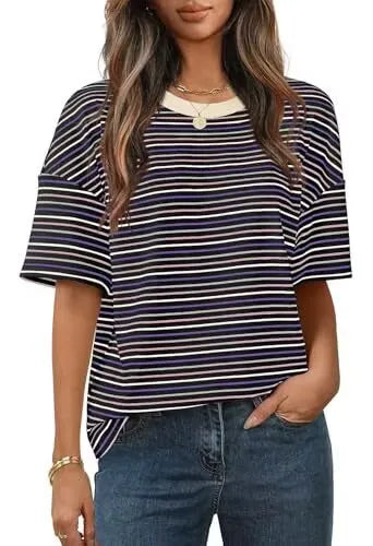 Women T-shirt Round Neck Color Block Stripe Print Daily Casual Loose Fit Soft Fabric Summer Basic Short Sleeve Tops