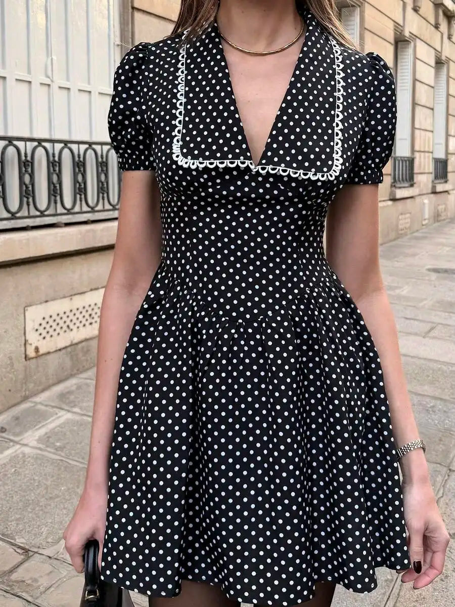 Black Polka Dot V-Neck Puffed Sleeve Mini Dress For Women Casual Elegant