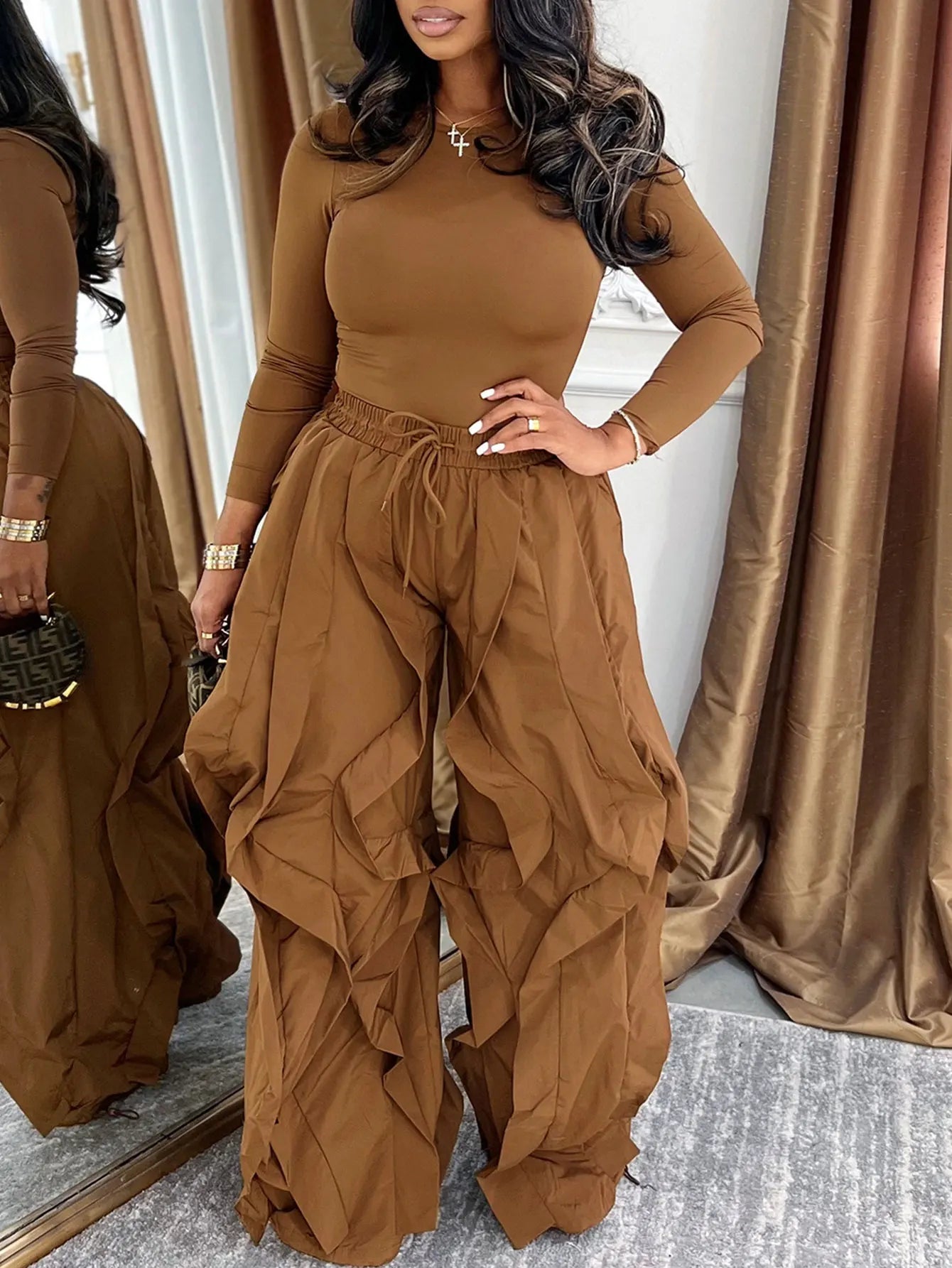 GLOURI Women's Wide Leg Long Pants, Drawstring Elastic Waist 3D Pleated Ruffled Trim Loose Oversized Trousers, Casual High Street Trendy Style for Daily Commute Street Outing, Influencer OOTD Photography Outfits