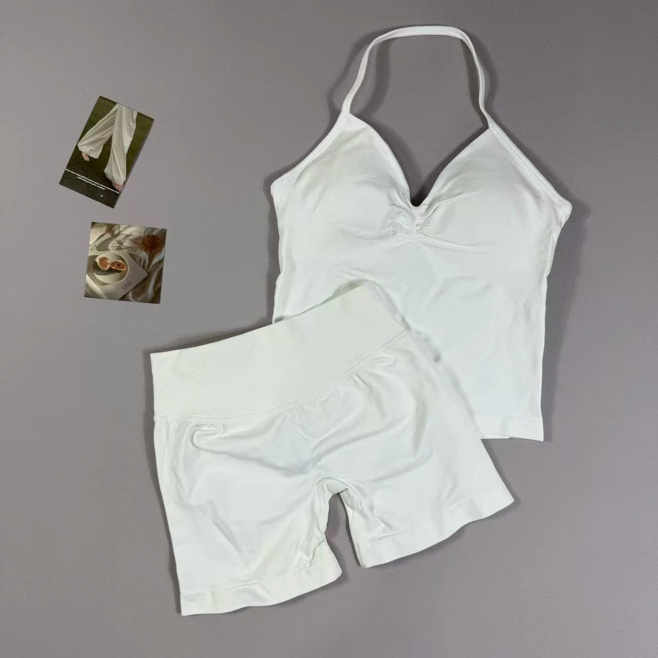2 Piece UETEEY Sports Set Women Longline Strappy Top Seamless Yoga Tank Scrunch Butt Workout Shorts Suit Gym Sports Sets