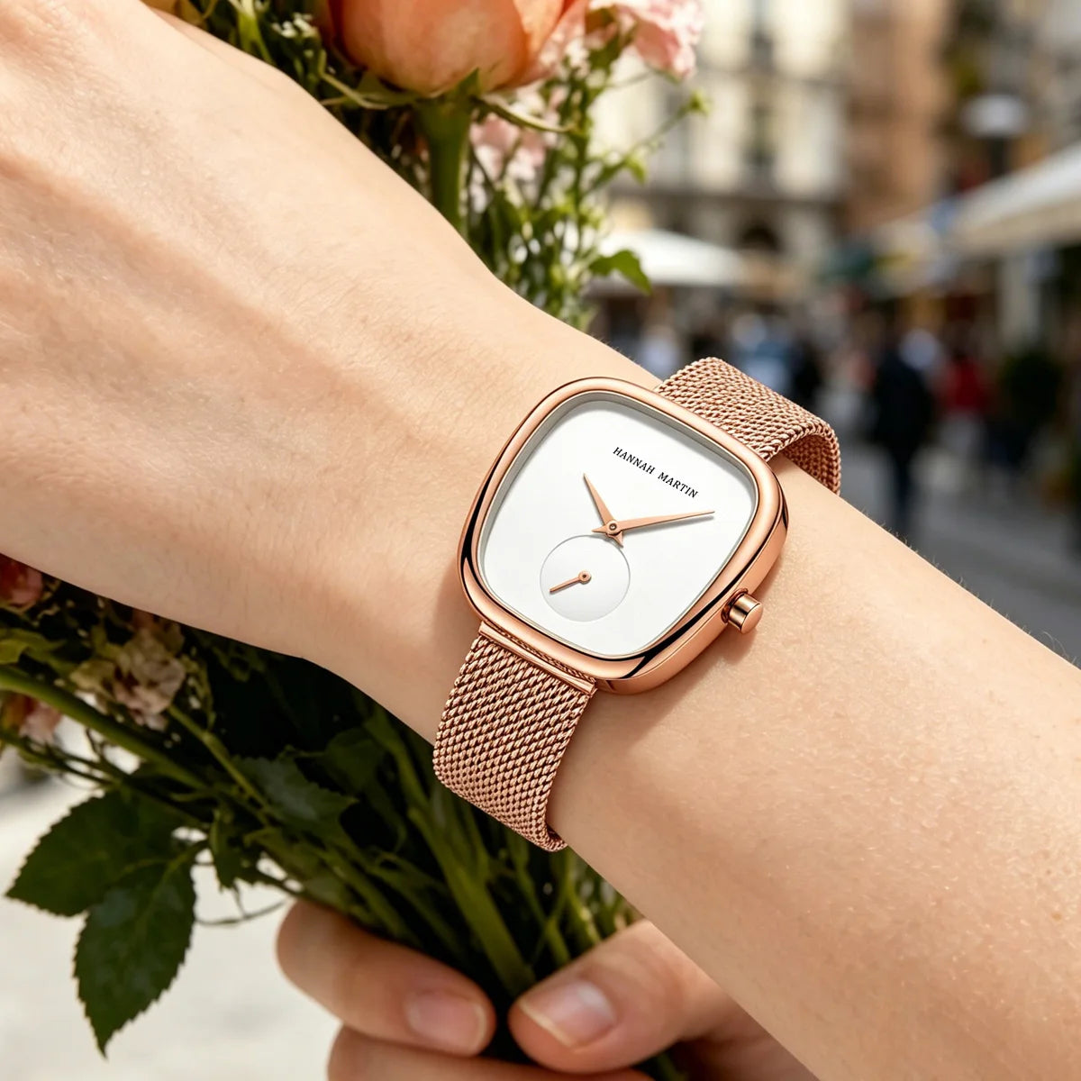 HANNAH MARTIN Watch Women Rose Gold Stainless Steel Mesh Belt 34mm Oval Timing Quartz Clock Suitable Work Commuter Couple Watch
