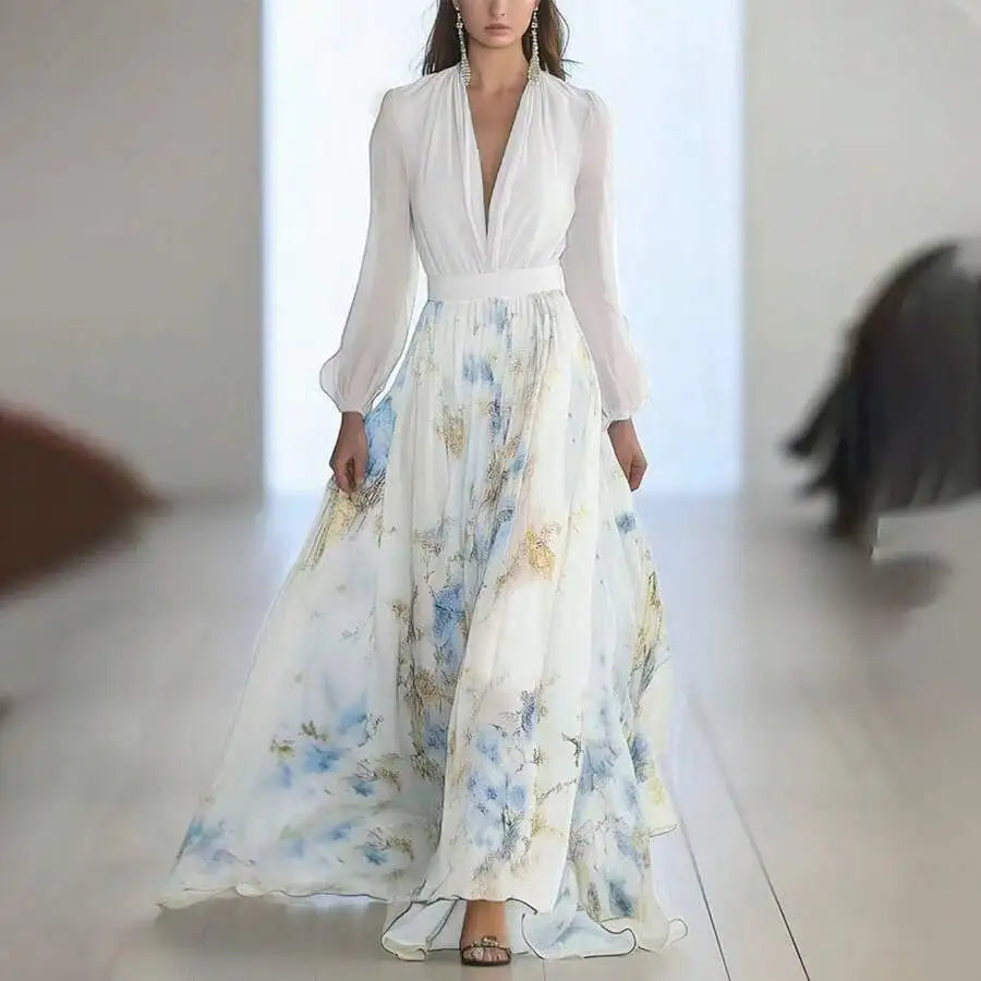 Elegant Womens Long Sleeve V-Neck Floral Print Maxi Dress