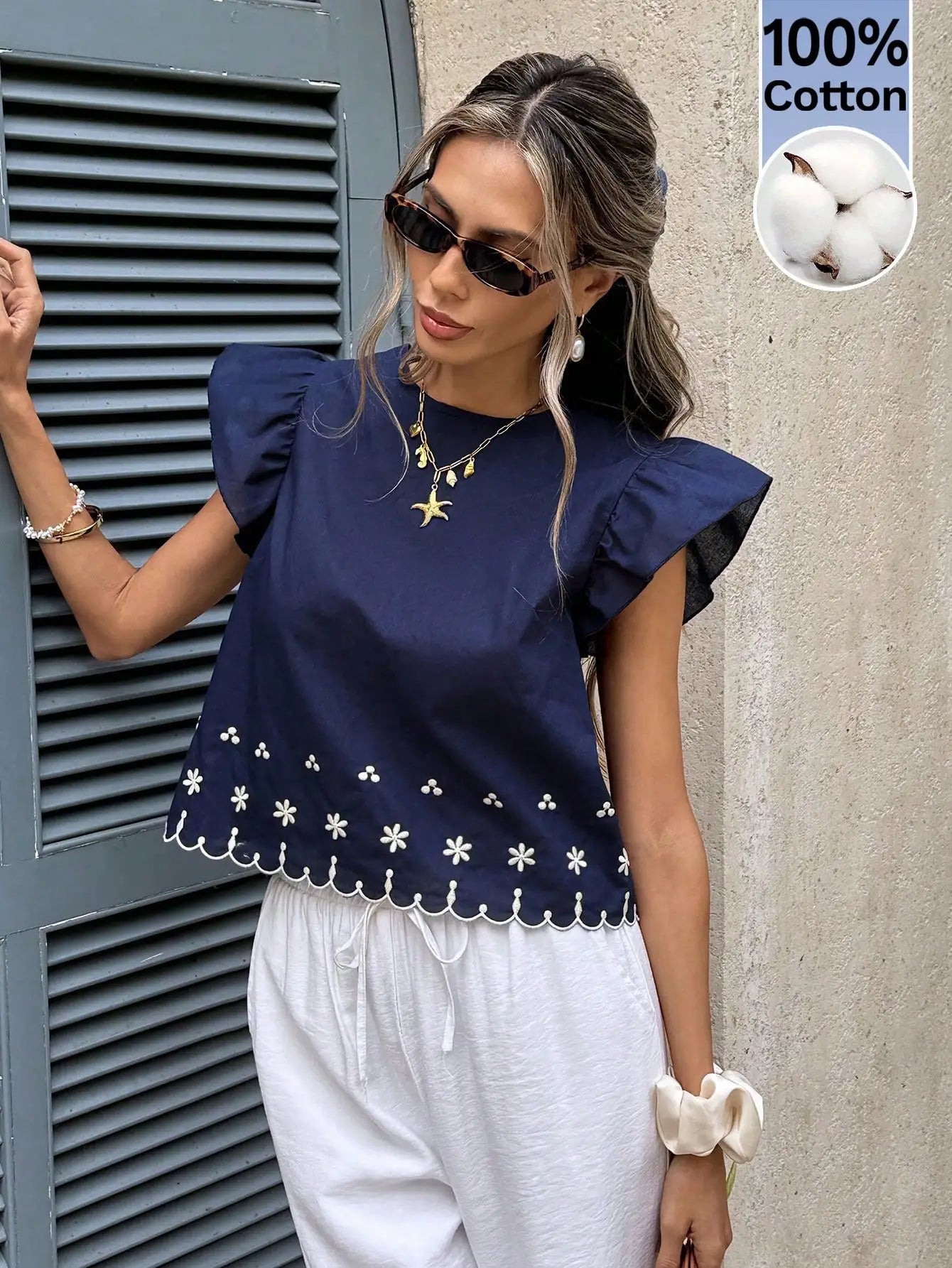 Women's Summer Casual 100% Cotton Floral Embroidery Ruffle Hem Blouse With Flutter Sleeves