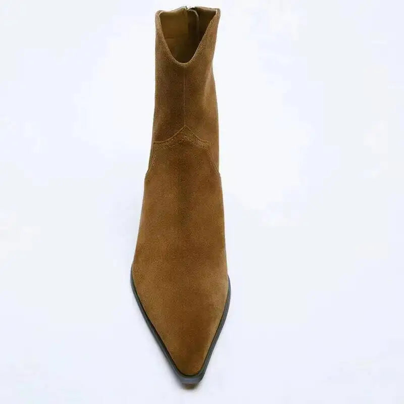 2026 Suede Leather Women's Pointed Toe Zippered Western Cowboy For Women Ankle Bootsblock Heel Work Boots Female Shoes