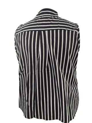 European and American plus size women's black and white vertical striped sleeveless shirt with lapel and double pockets, single-breasted loose curved hem commuting vest shirt