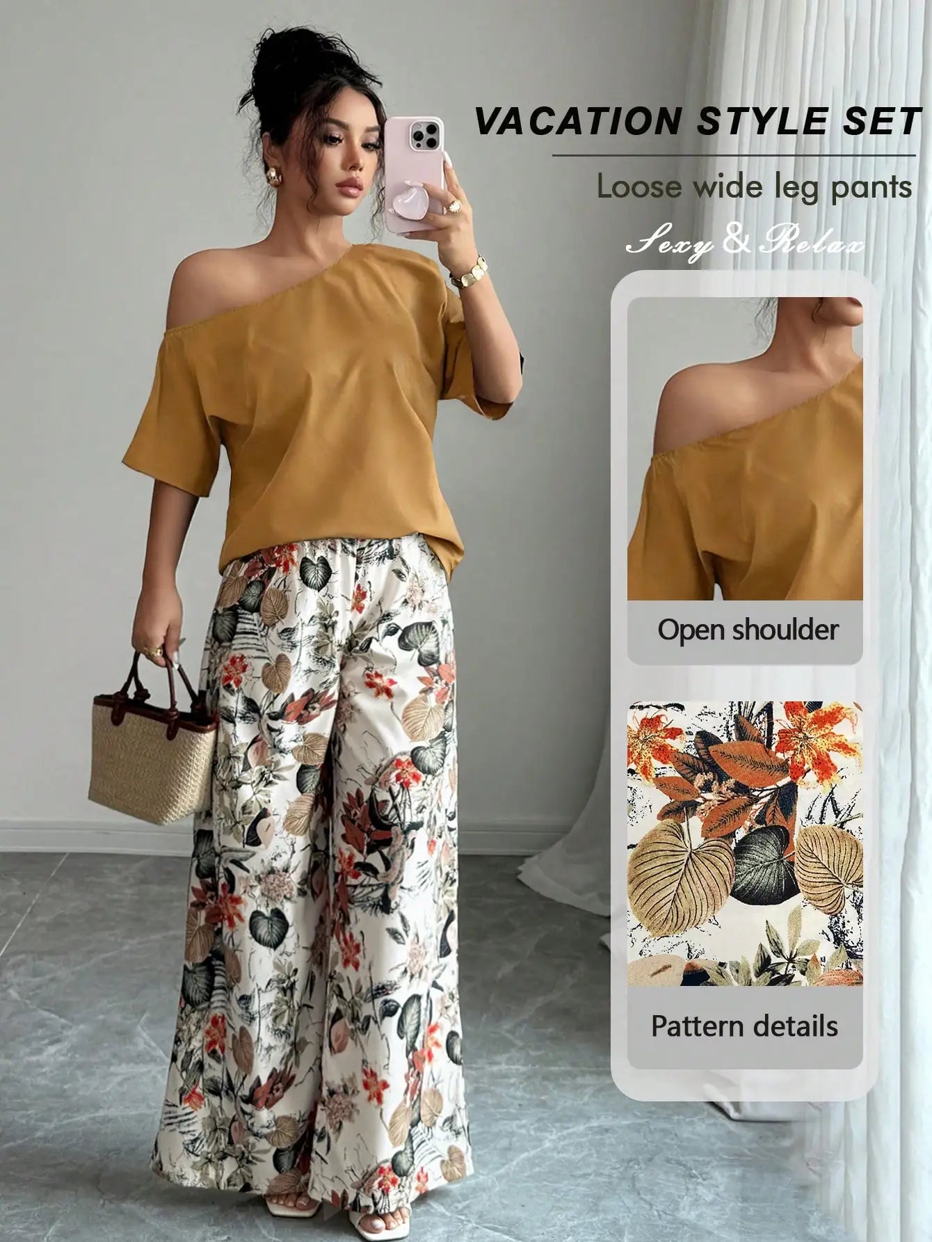 Vacation Style 2pcs Set Women Asymmetrical Neck Blouse Floral Wide Leg Pants