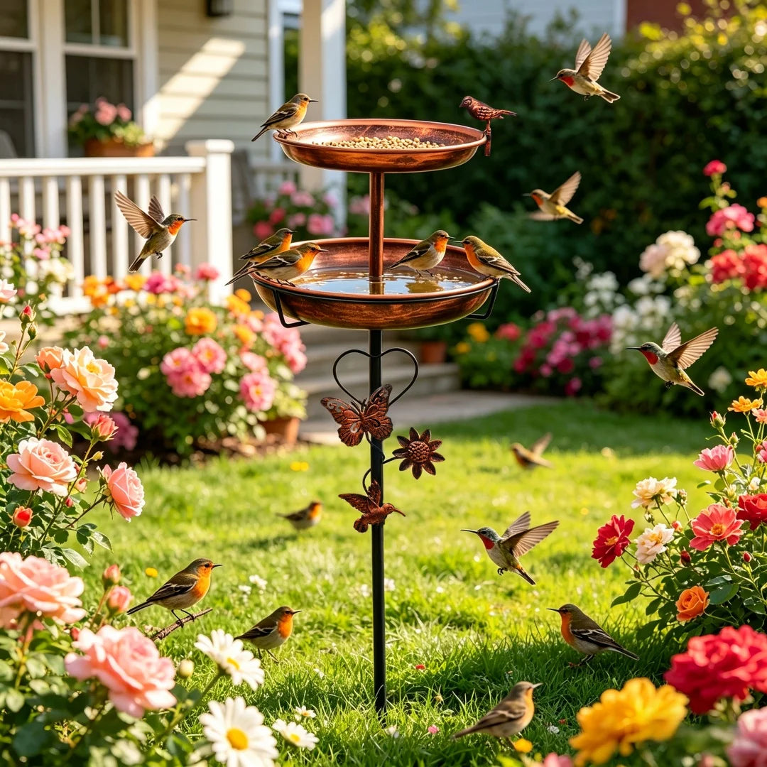 Outdoor Double-Layer Bird Feeder Birdbaths Bowl Freestanding Bird Bath Stand for Garden Yard Patio Decor with 5-Pronged Base