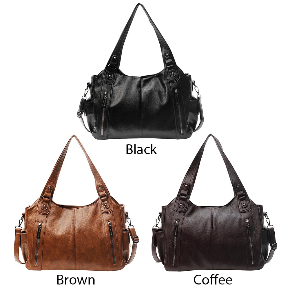 Tote Bag PU Leather with Zipper Shoulder Bag for Women with Multi-Pockets Messenger Bag Retro Handbag for Work Travel