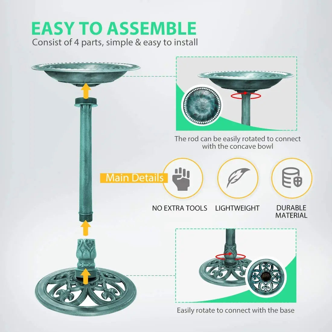 Bird Bath 28 Inch Polyresin Lightweight Antique Style Outdoor Garden Decor Green Finish