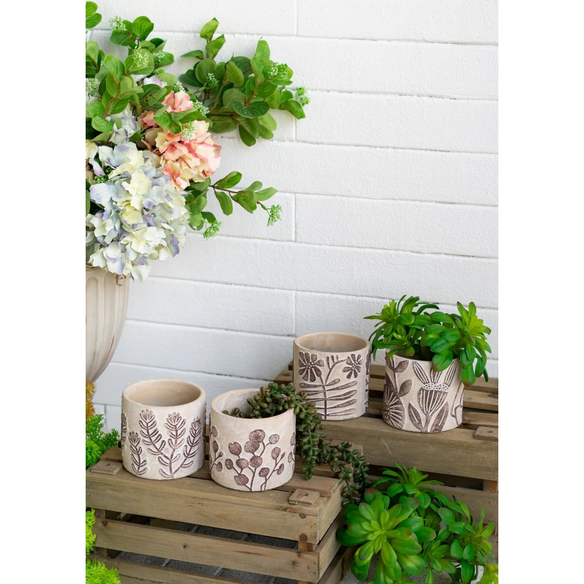Set of 4 4.3x4.3x4" Gray Sand and Cement Planters with Brown Botanical Motifs On-Site