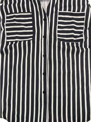 European and American plus size women's black and white vertical striped sleeveless shirt with lapel and double pockets, single-breasted loose curved hem commuting vest shirt