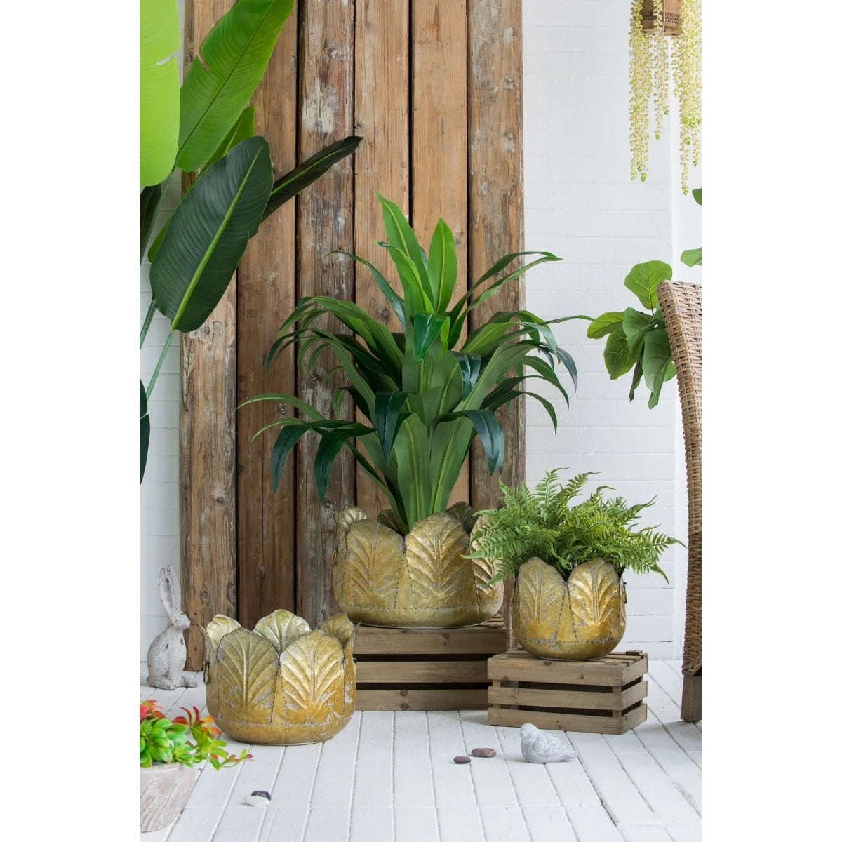 Set of 4 4.3x4.3x4" Gray Sand and Cement Planters with Brown Botanical Motifs On-Site