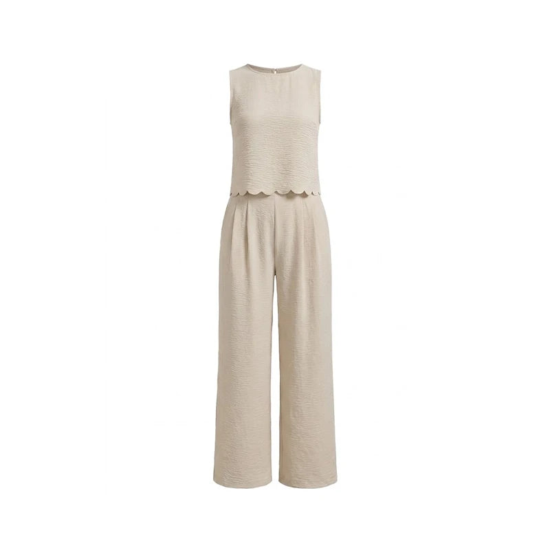 2-Piece Cream Textured Scalloped Edge Sleeveless Top High Waist Wide Leg Pants Chic Minimalist Women Daily Outfit