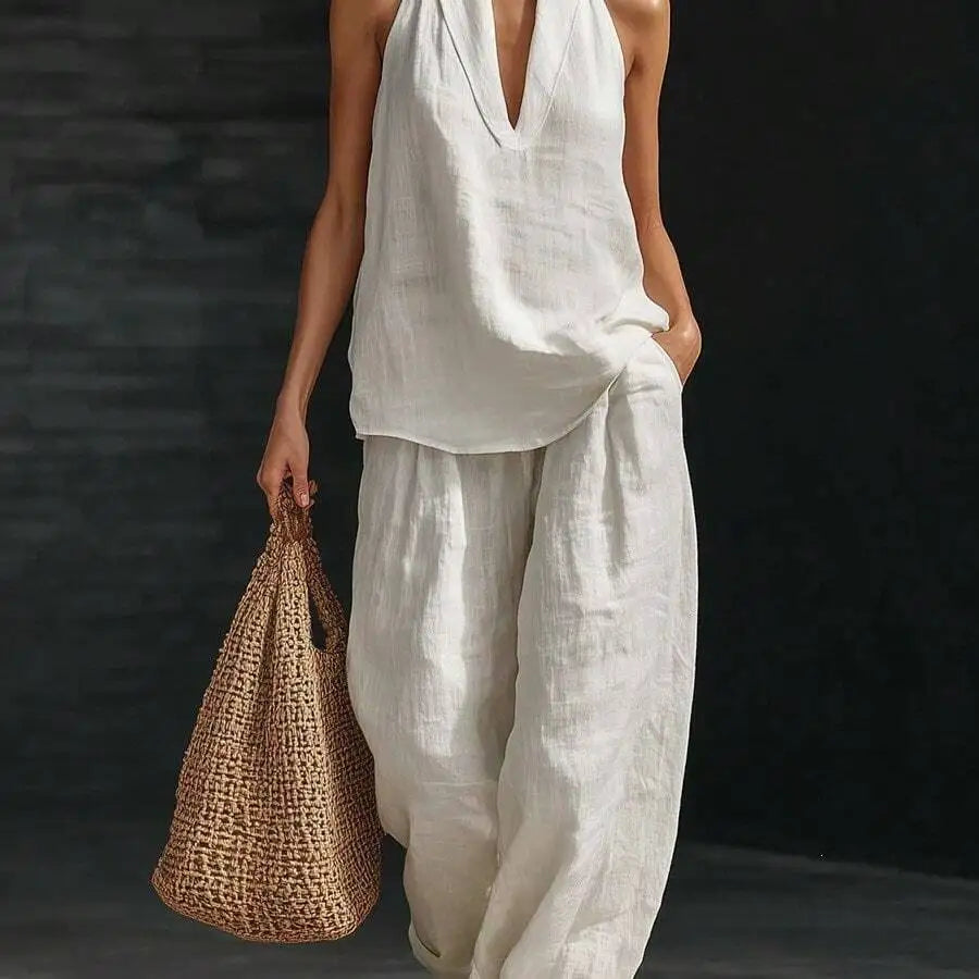 Casual 2 Piece Set Women Halter V Neck Sleeveless Top And Wide Leg Pants