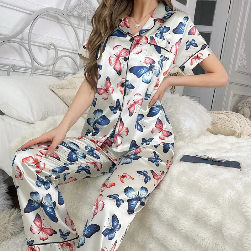 Satin Cute Cat Print Pajama Set | Long Sleeve Lapel Top & Pants Luxury Women Fall Sleepwear