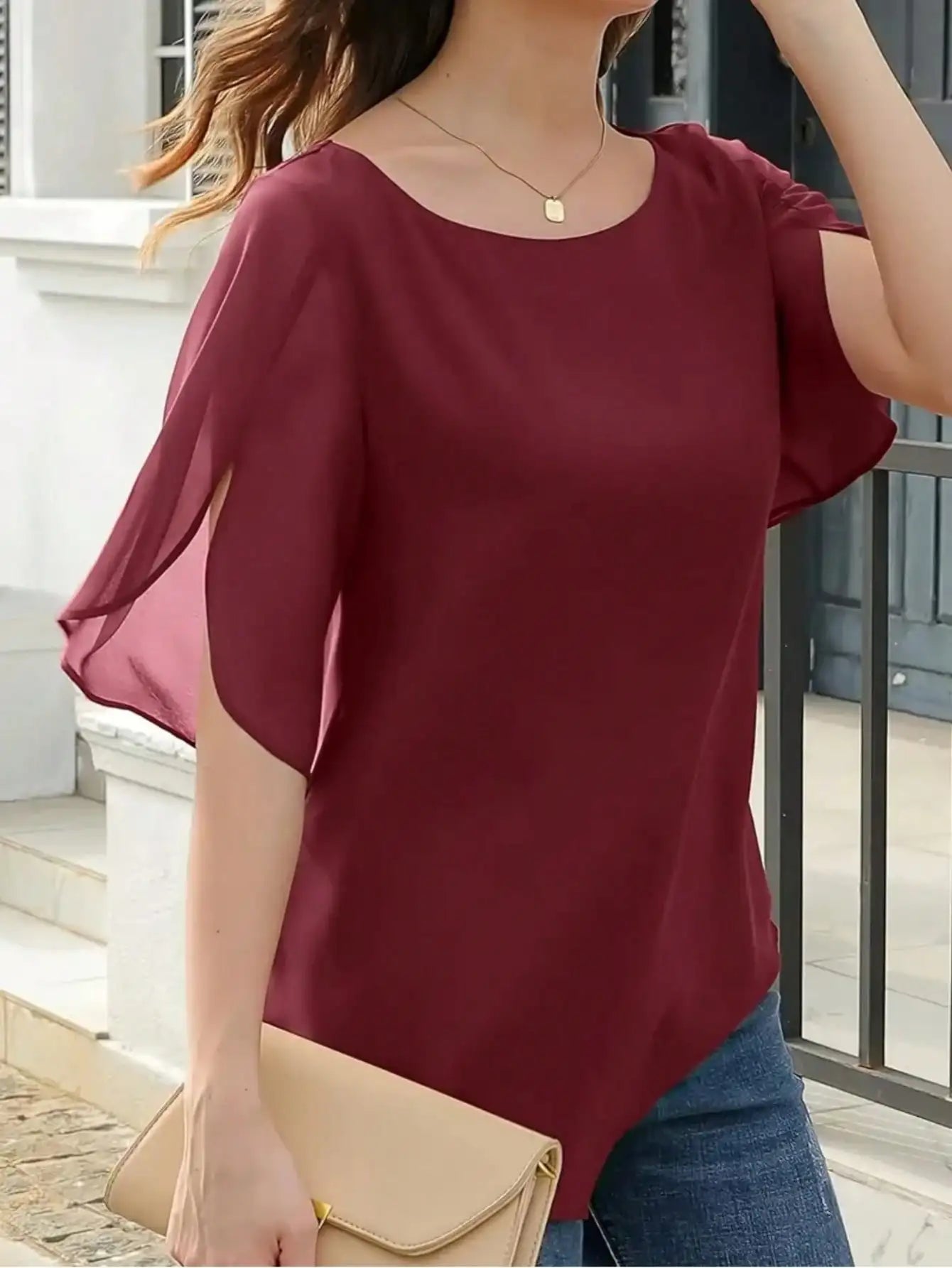 Women's Summer Solid Color Round Neck Short Sleeve Loose Blouse