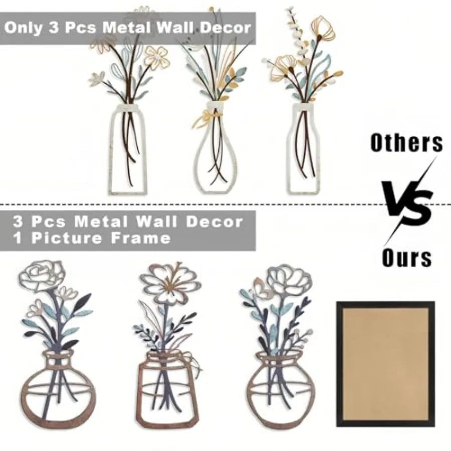 Metal-Wall-Decor Living Room - 3 Pcs Metal Bathroom Wall Art Floral Vase and Picture Frame for Decoration- Hanging Display Wall