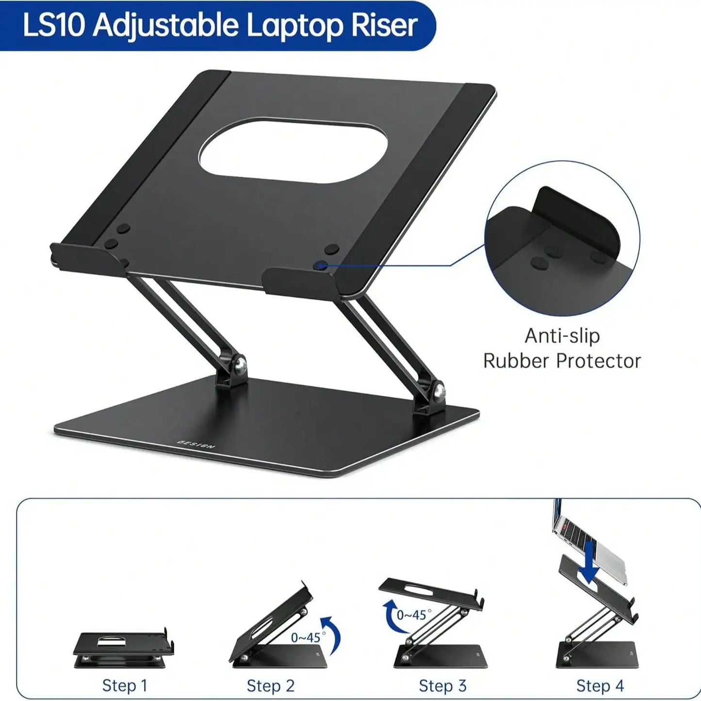 Aluminum Laptop Stand, Ergonomic Adjustable Notebook Tablet Stand, Computer Holder Compatible With Air, Pro, More 10-14" Laptops, Black